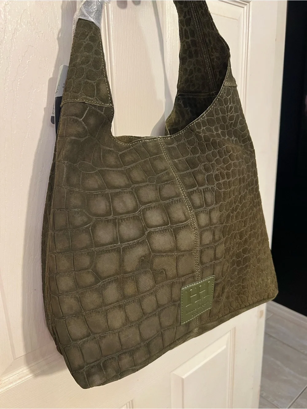 Haute Hippie olive green hobo bag with, crocodile-embossed suede design.NWT